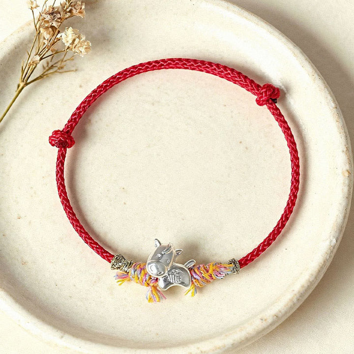 Armband 925 Silber Fu-Zeichen Jahr Des Pferdes Glück rote Kordel