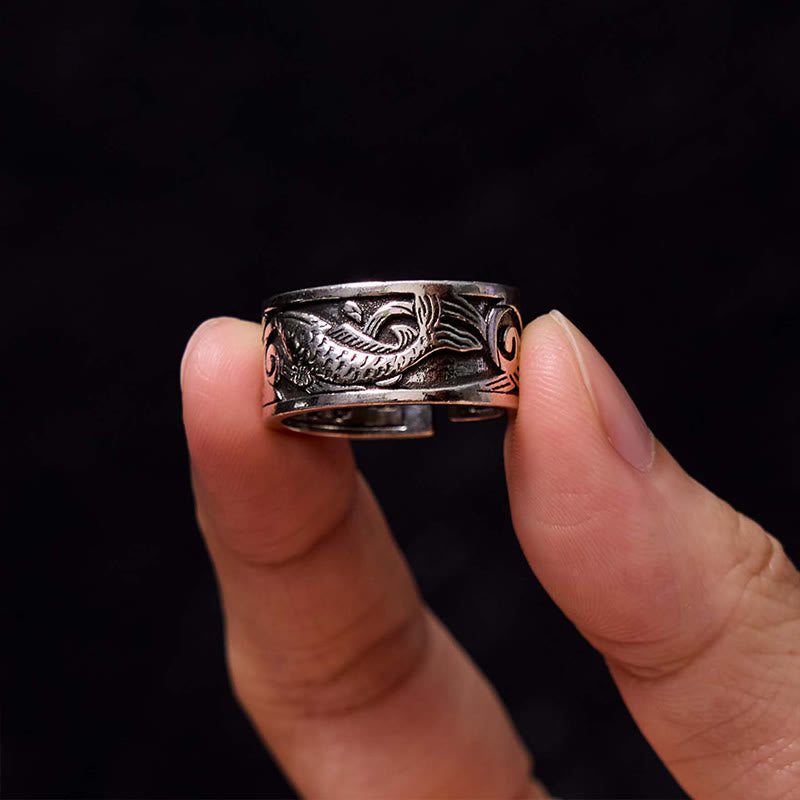 Koi Fisch Ring Herzsutra Silber Fengshui Glück Wohlstand Schutzring