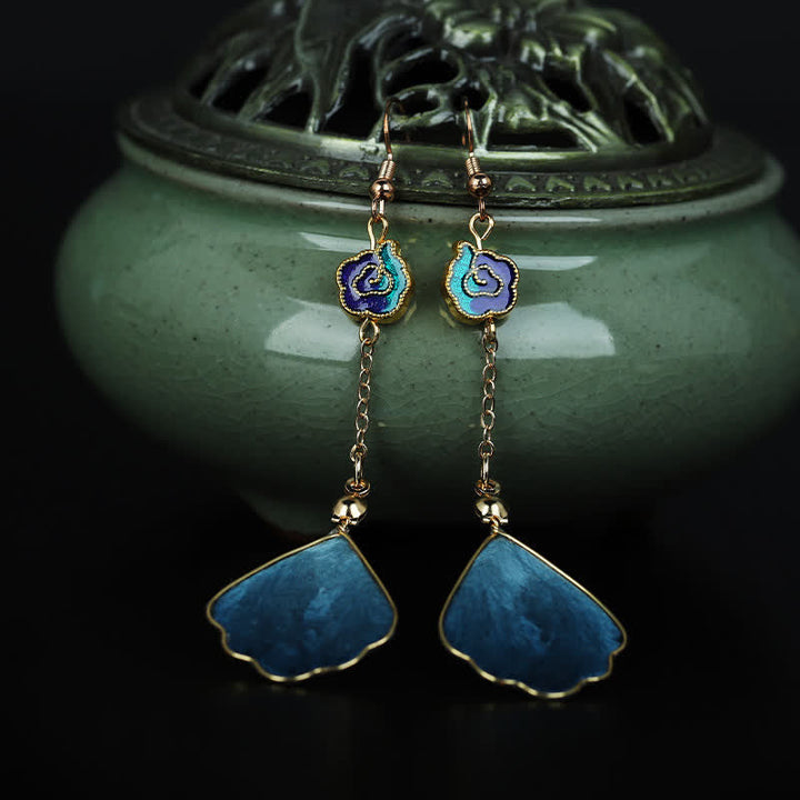 Ohrringe Seide Blütenblatt Glück Segen blau gold Boho Schmuck spirituell