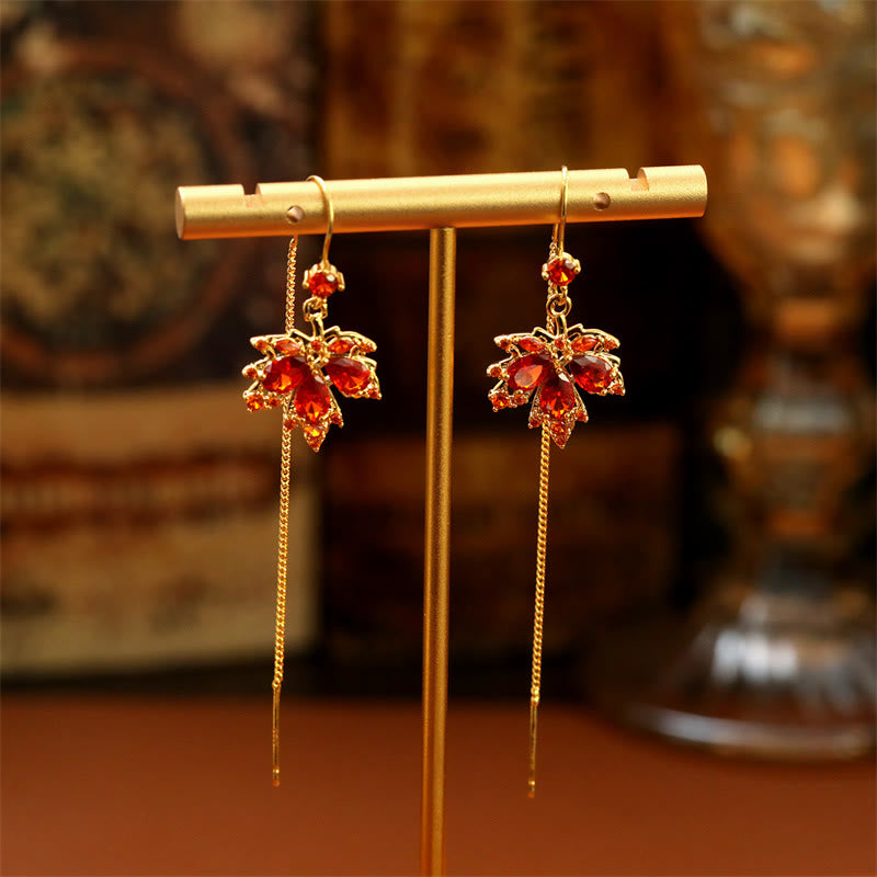 Ohrringe Ahornblatt Zirkon Kupfer – Glück hängend Boho Schmuck spirituell