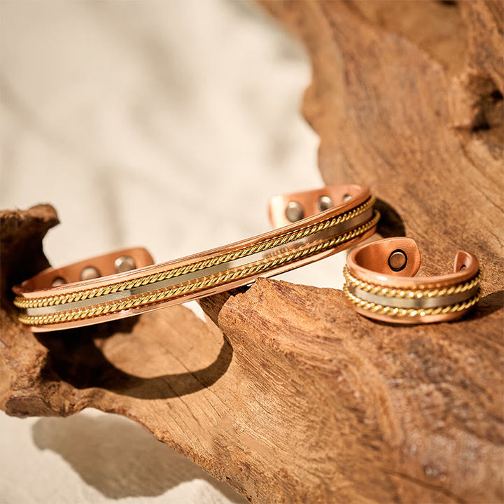 Armband Kupfer Retro Twisted Glück Wohlstand Magnete Holz Set Ring