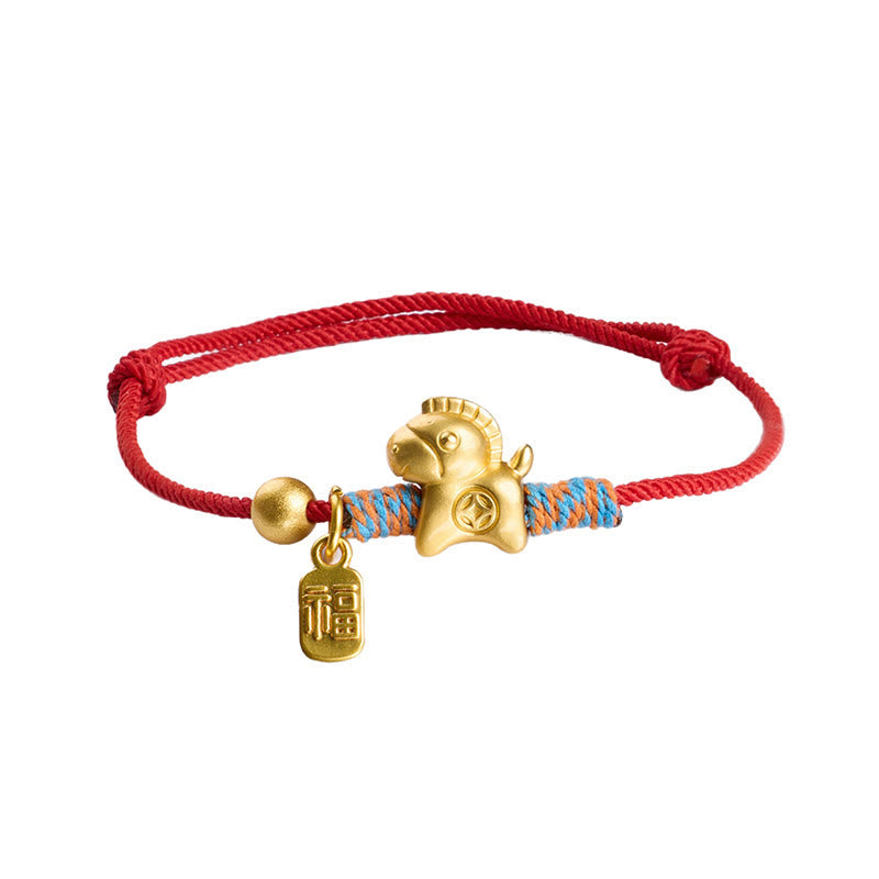 Armband Fu-Zeichen Glück Stärke goldenes Pferd rotes Seil Handgelenk Schutz