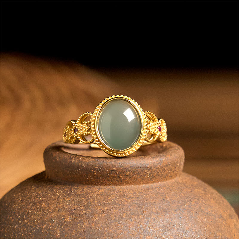 Jade Ring mit Pixiu Design Glück 925 Silber Gelbgold