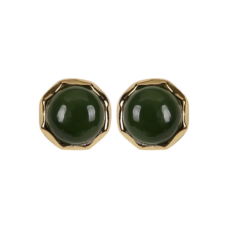 Ohrringe Hetian Jade Silber – Glück grüner Cabochon goldene Fassung elegant