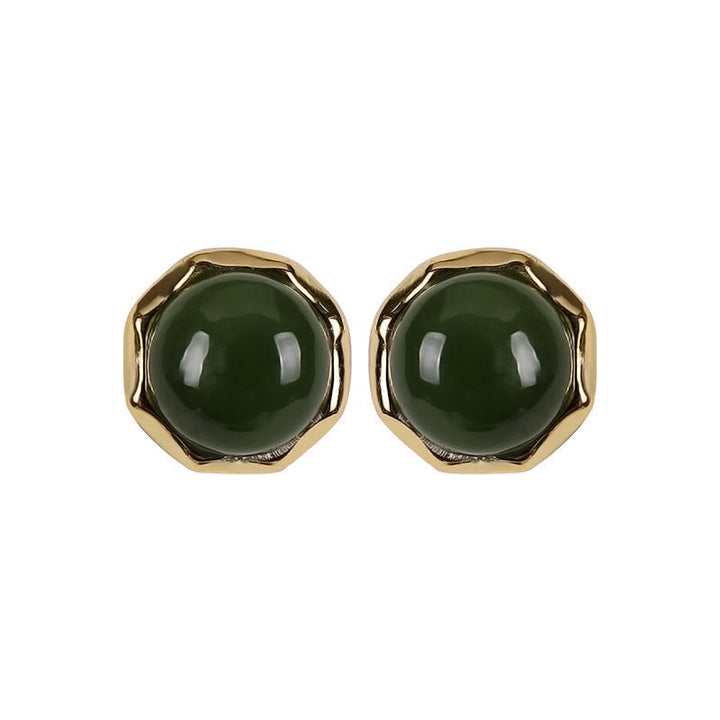 Ohrringe Hetian Jade Silber – Glück grüner Cabochon goldene Fassung elegant