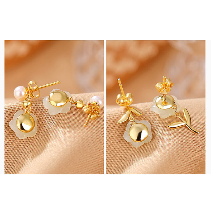 Ohrringe Jade Perle Blume – Glück goldene Ohrhänger Detailansicht Boho Schmuck