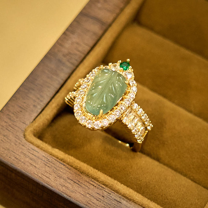 Ring Kupfer Vergoldet Jade Blatt Glück Diamanten grüner Stein