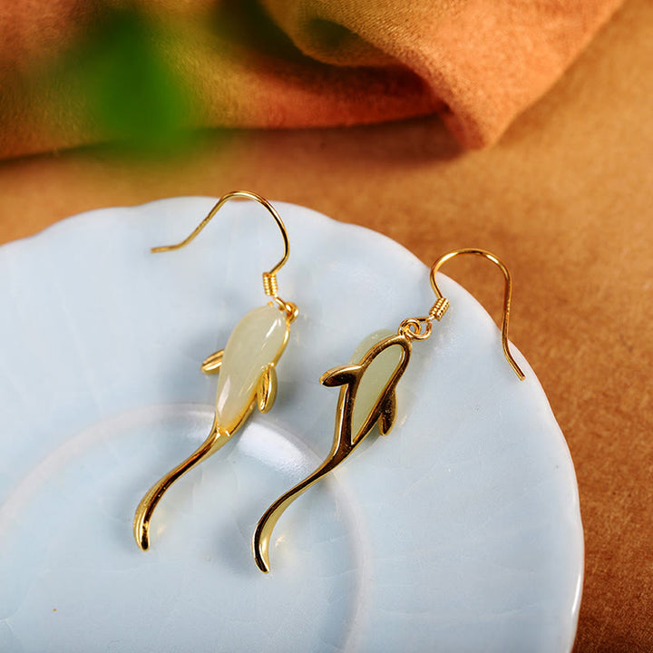 Ohrringe Jade Fisch Glück Gold Boho Schmuck spirituell Ohrhänger