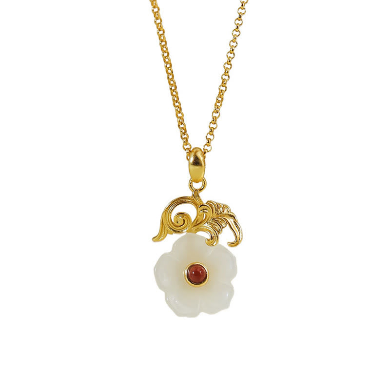 Hetian Jade Blume Anhänger Kette goldene Montierung Glück Stein