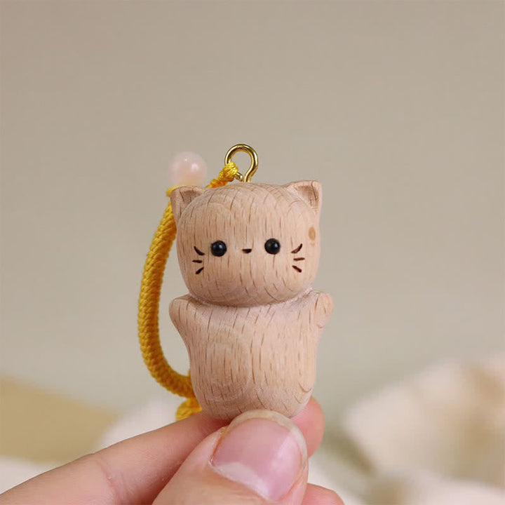 Schlüsselanhänger Glückskatze Buche – Glück handgeschnitzt Maneki Neko Anhänger spirituell