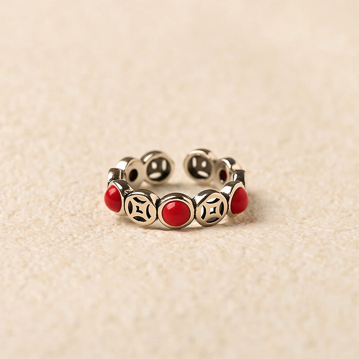 Eleganter Ring Rotes Achat Kupfermünze Design Feng Shui Glück Wohlstand