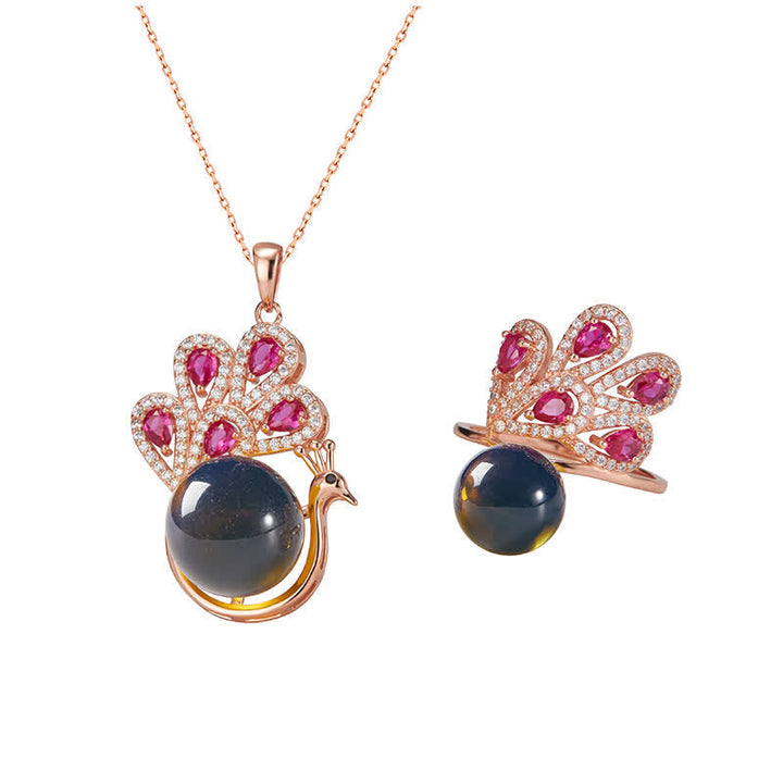 Bernstein Ring Pfau Design Glück Liebe Kupfer mit rosa Steinen