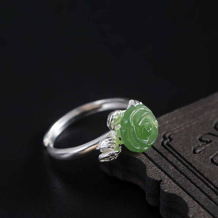 Ring 925 Silber grüne Jade Rosenquarz Blume Glück Schutz