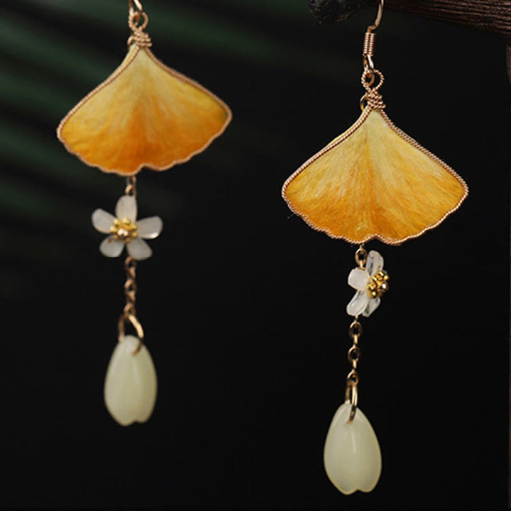 Ohrringe Ginkgo Kupfer Seide – Glück hängend Boho Schmuck spirituell