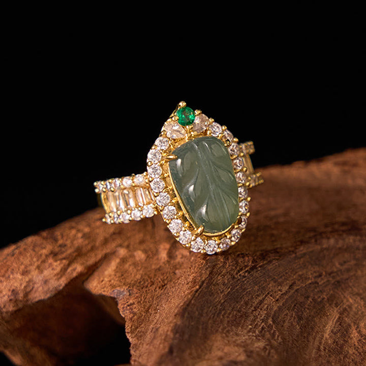 Ring Kupfer Vergoldet grünes Jade Blatt mit Kristallen Glück