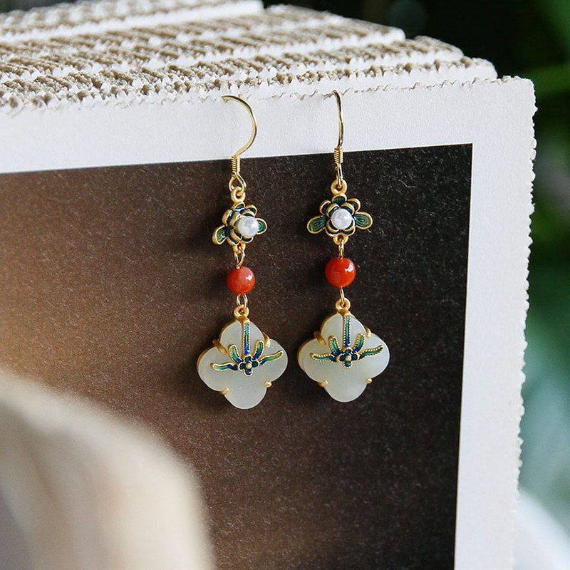 Ohrringe Jade Kleeblatt Kupfer Glück Fülle Boho Schmuck spirituell Ohrhänger