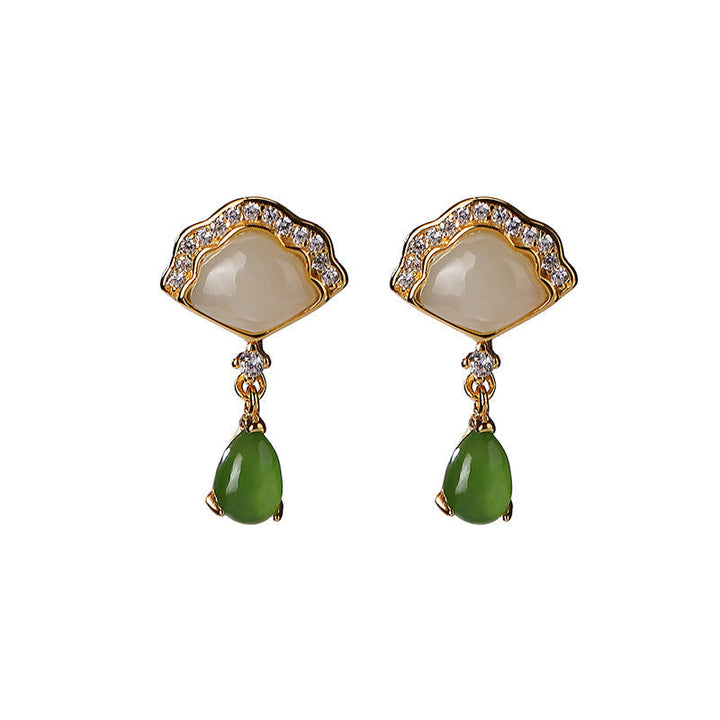 Ohrringe Jade Fächer Tropfen Glück grüne Jade Gold spiritueller Schmuck