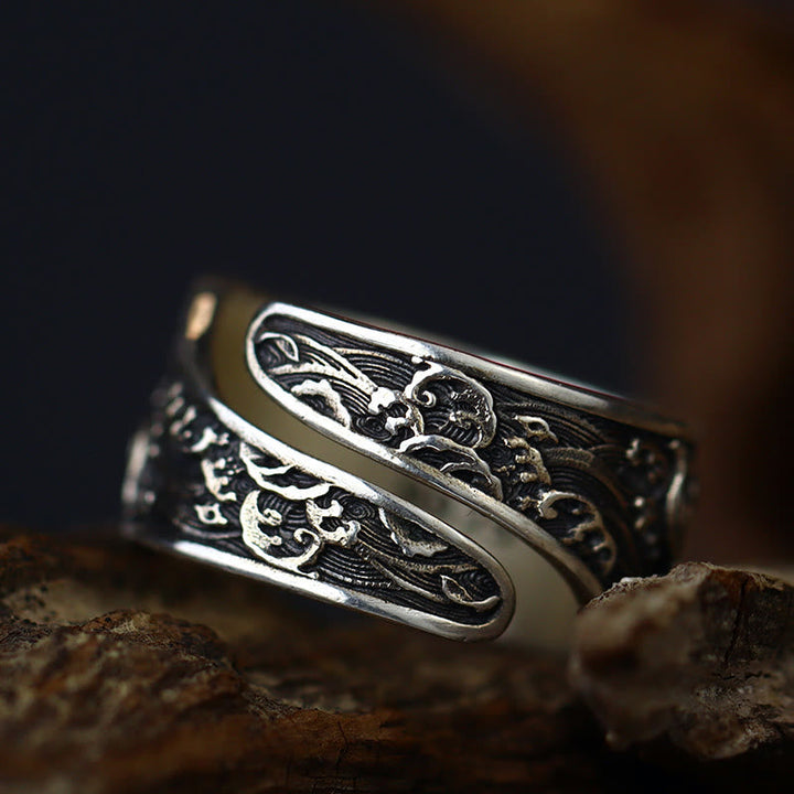 925 Silber Ring Koi Fisch Kupfermünze Design Glück Wohlstand