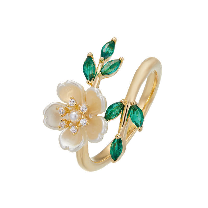 Luxus Ring Perle Zirkonia Blume Smaragd Gold Fengshui Glück Wohlstand
