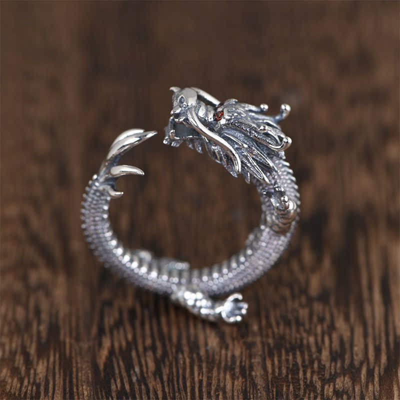 Ring 925 Silber Drachen mit roten Augen Schutz Glück