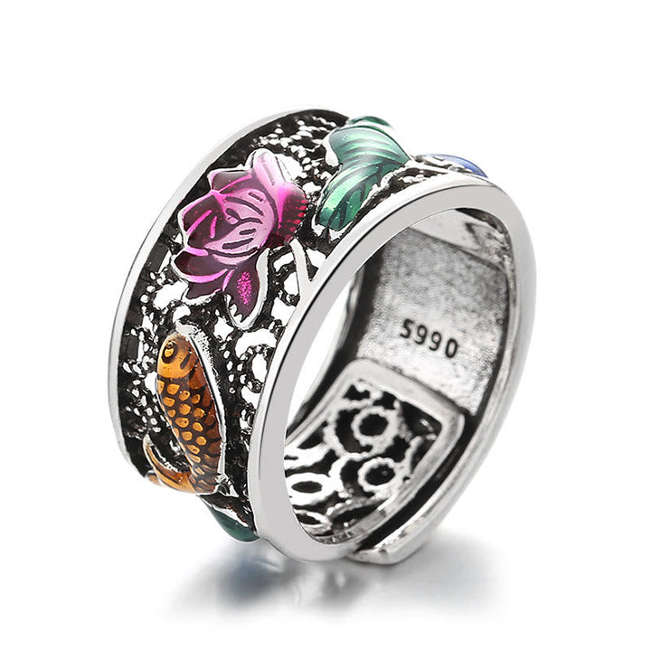 Kupfer Ring mit Lotus Koi Fisch Herzsutra Glück Fengshui