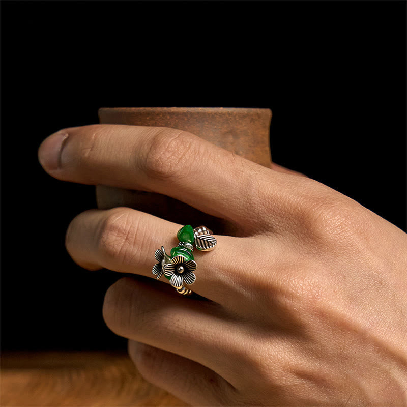 Ring Kupfer Blumenmuster grüner Stein Glück Schutz elegante Botanik