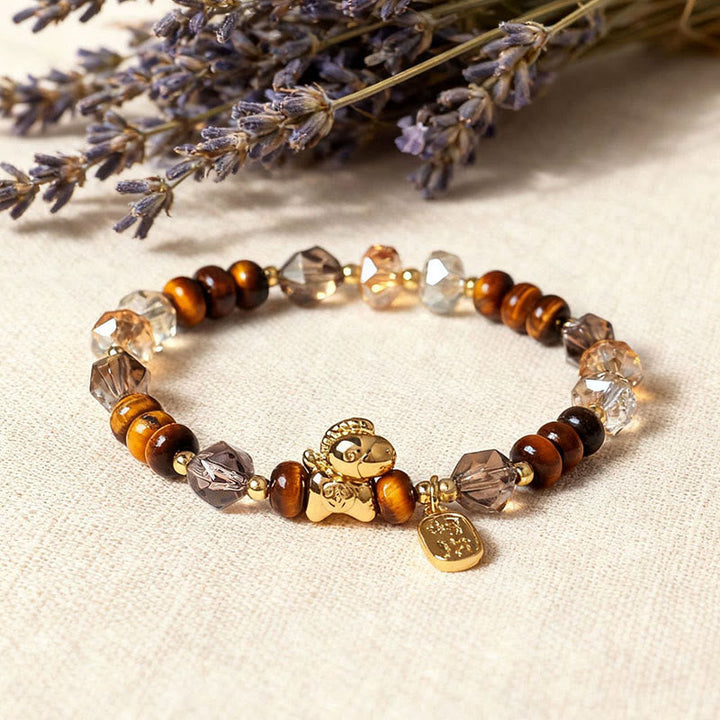 Armband Tigerauge Obsidian Glück Wohlstand Energie mit Pixiu Anhänger Lavendel