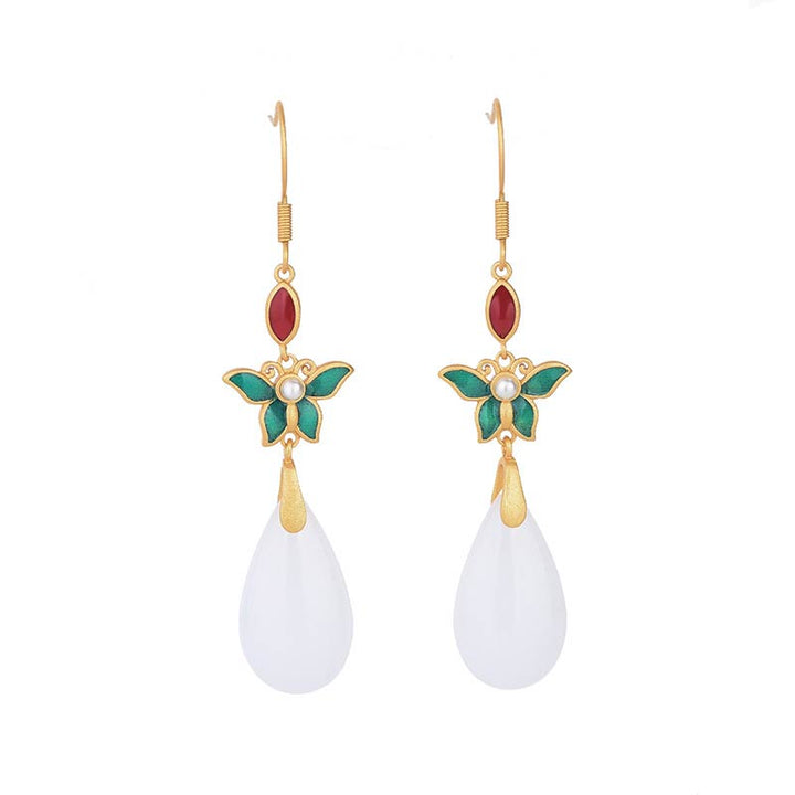 Ohrringe Weiße Jade Glück Schmetterling Gold Tropfen Boho Schmuck spirituell