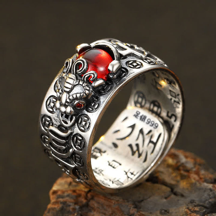 Ring Granat Pixiu Herzsutra Wohlstand Silber Fengshui Schutz Glück
