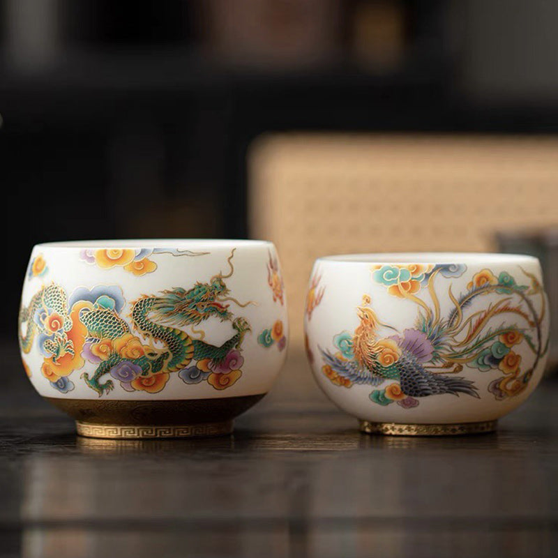 Große Teetasse Drache Phönix Glückswolken Keramik