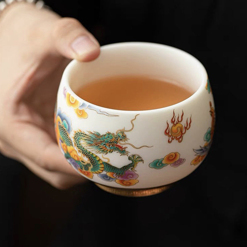 Große Teetasse Drache Phönix Glückswolken Porzellan