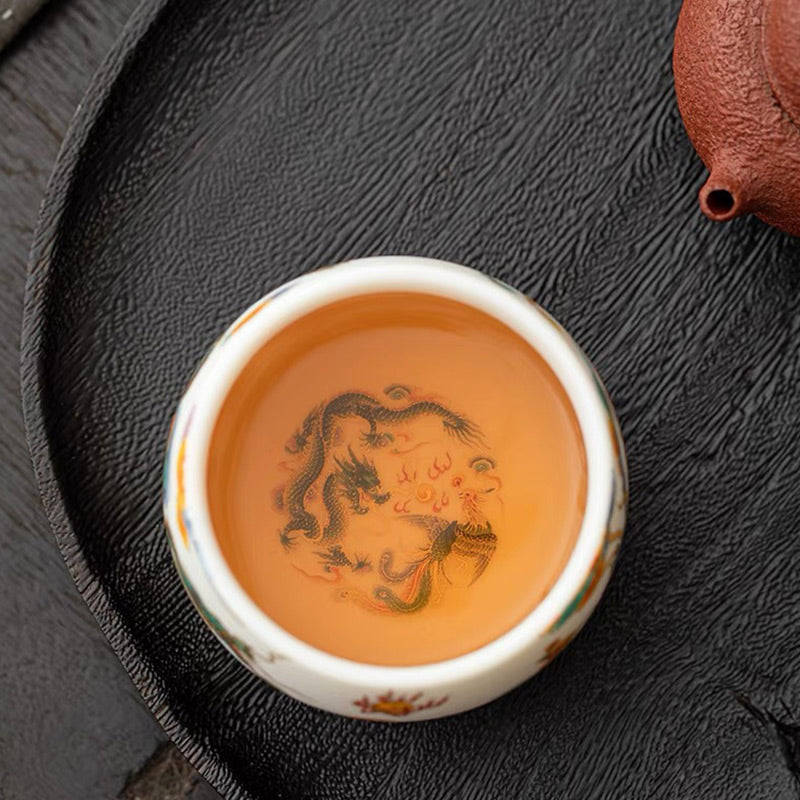 Große Teetasse Drache Phönix Glückswolken Teezeremonie