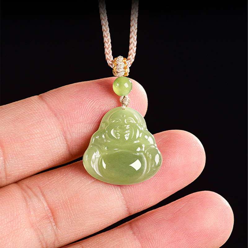 Grüne Jade Kette Lachender Buddha Anhänger auf Hand Wohlstand Symbol
