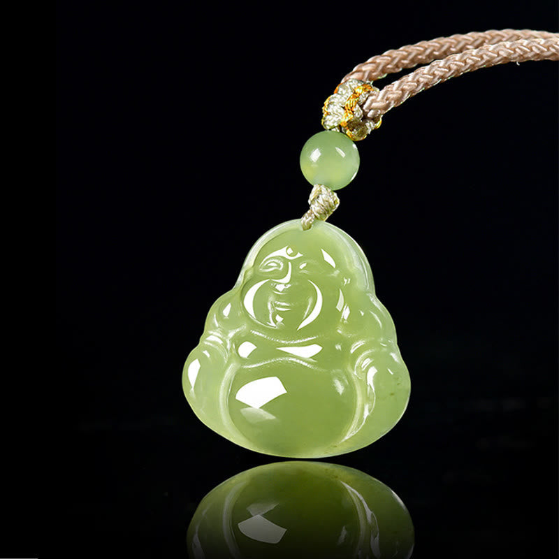 Kette Grüne Jade Lachender Buddha Anhänger Wohlstand Glücksymbol Naturstein