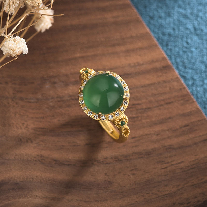 Ring Grüne Jade Buddha aus Goldmessing elegant Wohlstand Feng Shui