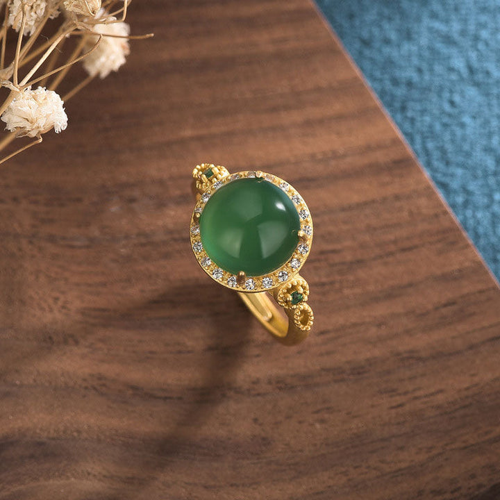 Ring Grüne Jade Buddha aus Goldmessing elegant Wohlstand Feng Shui