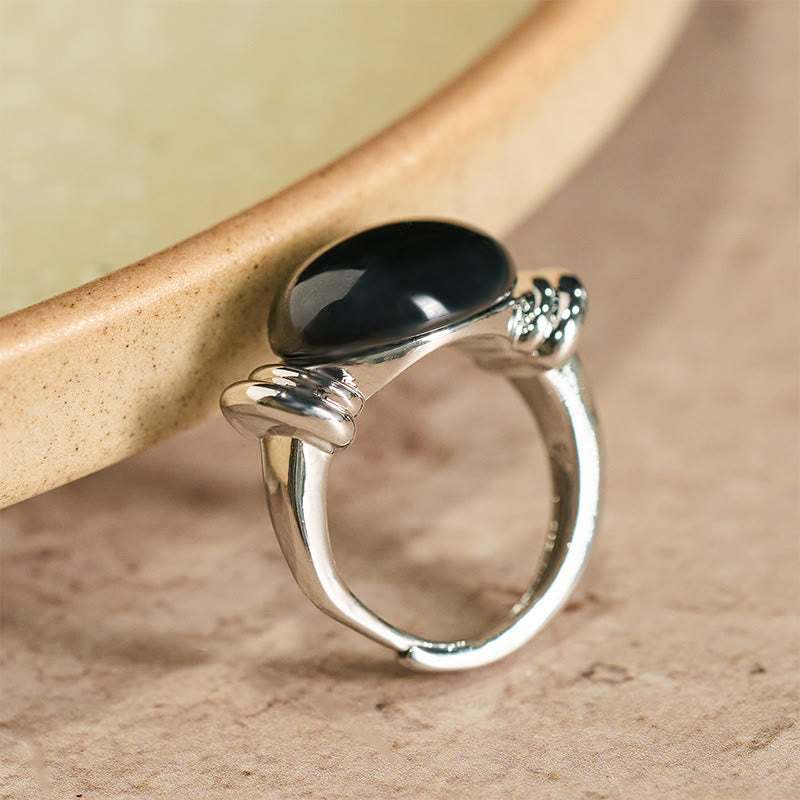 Ring Hämatit Ovalmuster silber elegant Vintage Fengshui Schutz Meditation