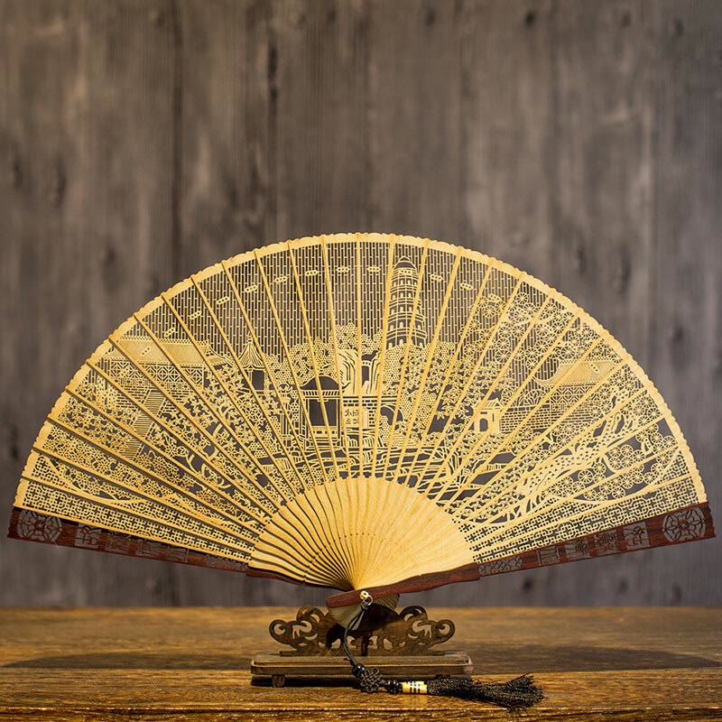Handfächer Aus Holz Suzhou Garten Graviert