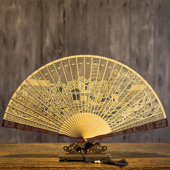 Handfächer Aus Holz Suzhou Garten Graviert