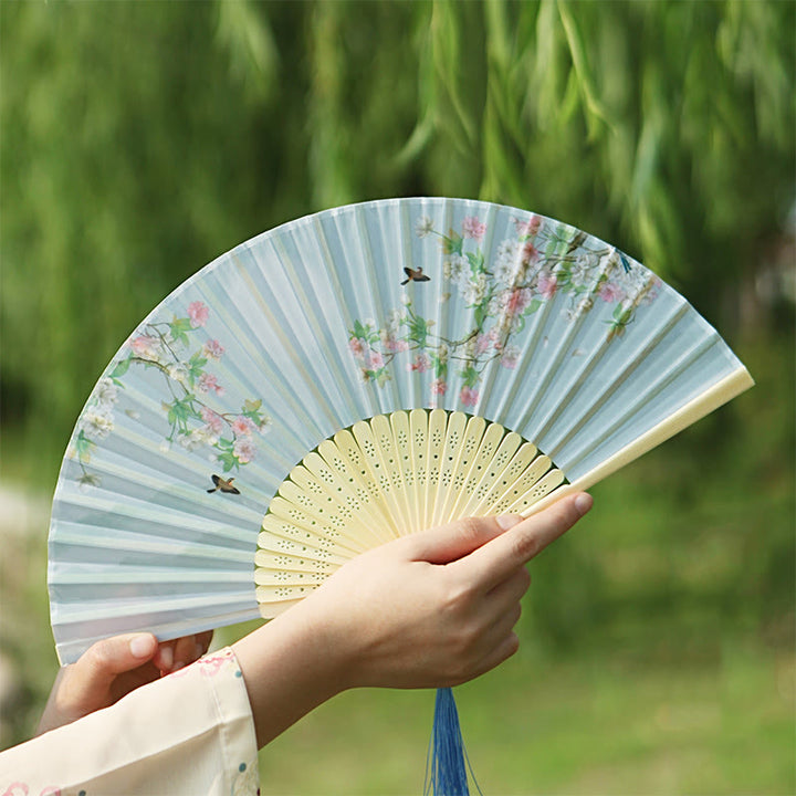 Handfächer Bambus Vögel Gesang Blüten Japan