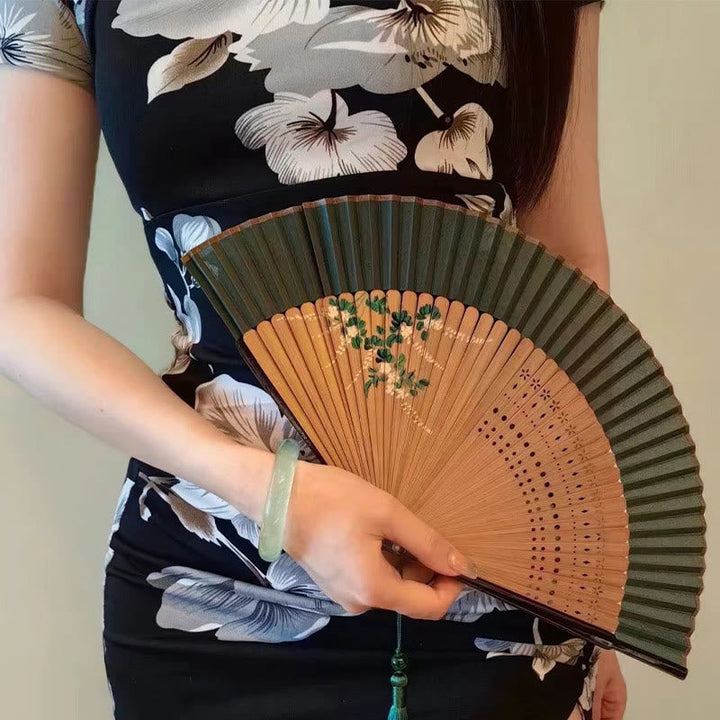 Handfächer Holz Stoff Blumen Quaste Bambus Geschenk