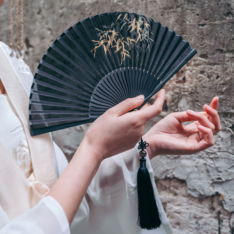 Handfächer Japan Schwarze Bambusblätter Seide Deko
