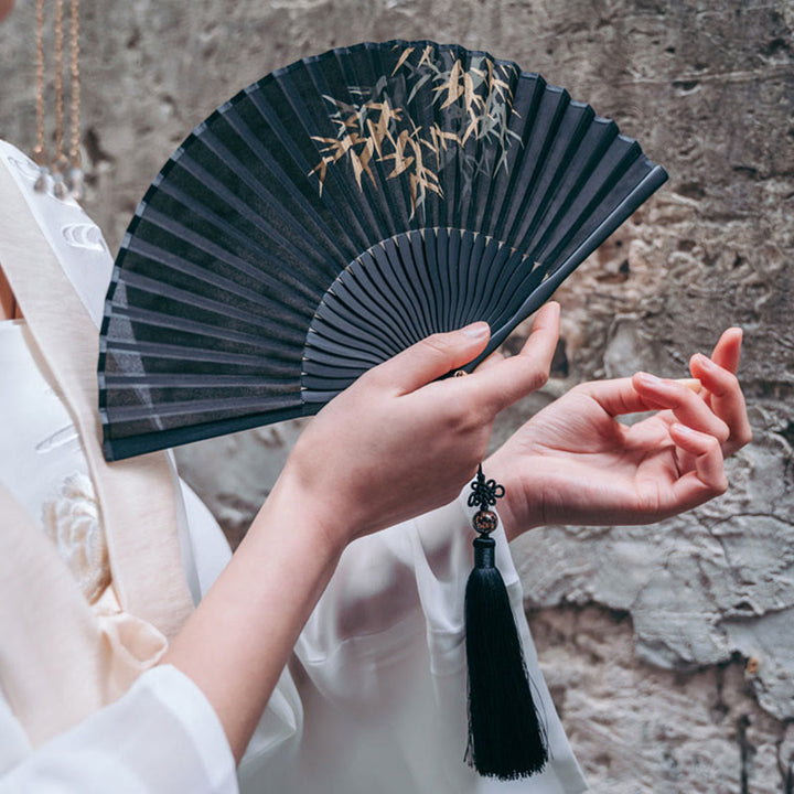 Handfächer Japan Schwarze Bambusblätter Seide Deko