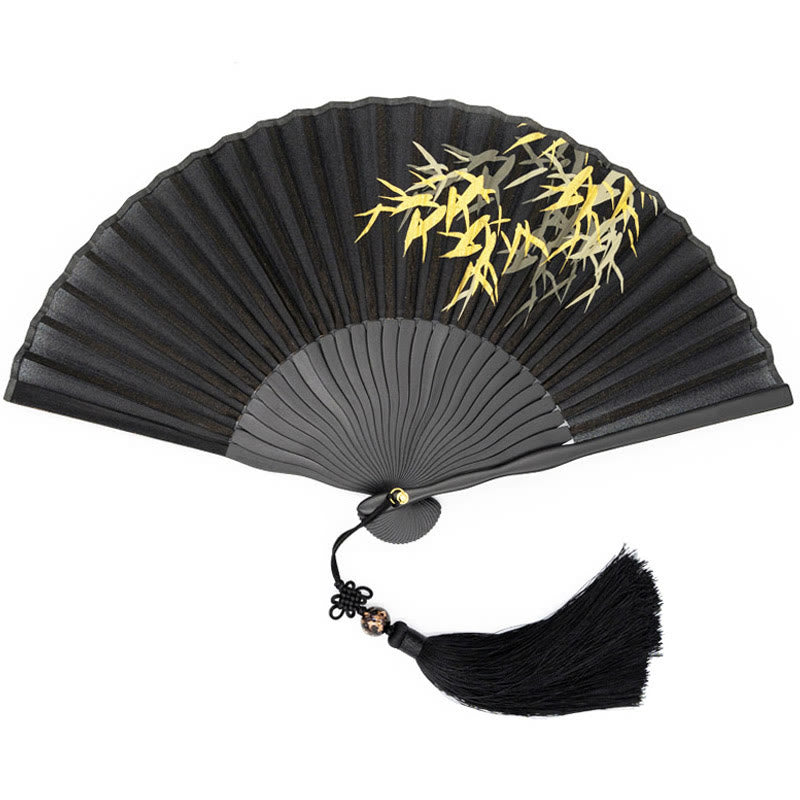 Handfächer Japan Schwarze Bambusblätter Seide Geschenk