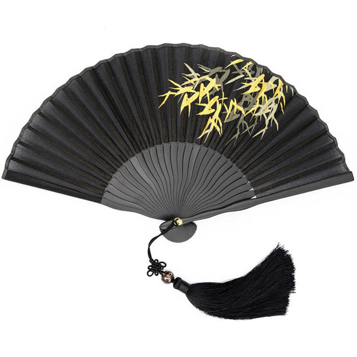 Handfächer Japan Schwarze Bambusblätter Seide Geschenk