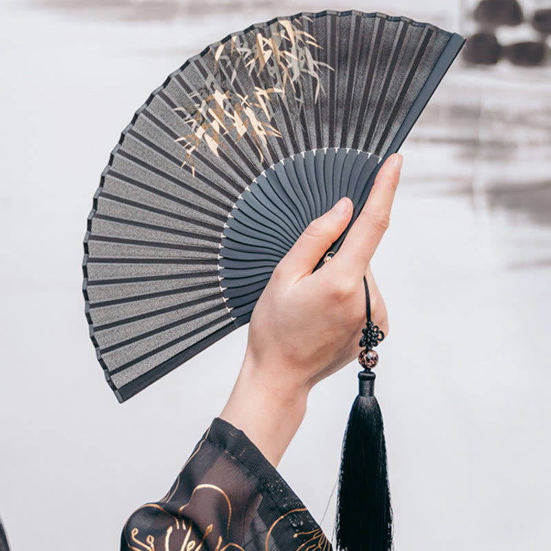 Handfächer Japan Schwarze Bambusblätter Seide Handarbeit