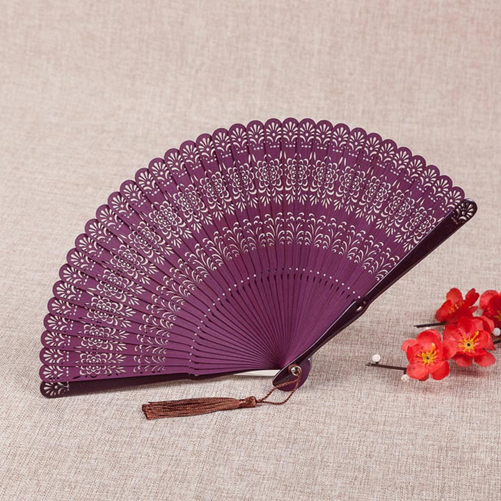 Handfächer Klein Bambus Blumen Graviert Japan