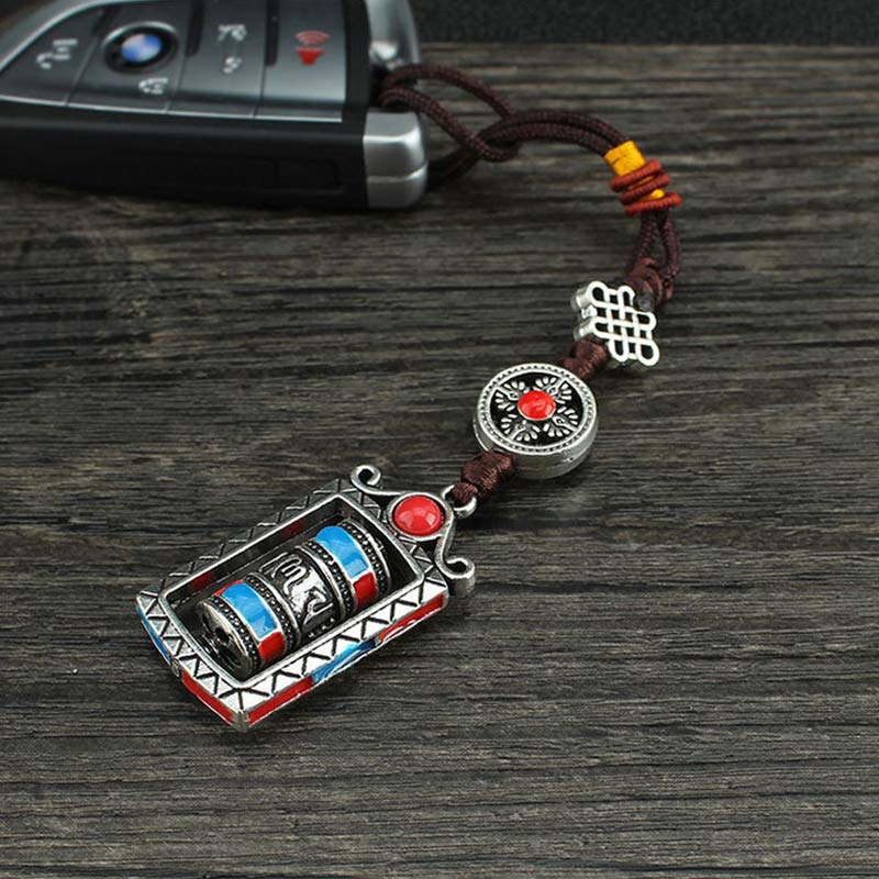 Schlüsselanhänger Om Mani Gebetsmühle Silber Rot Blau tibetisch spirituell Glücksbringer
