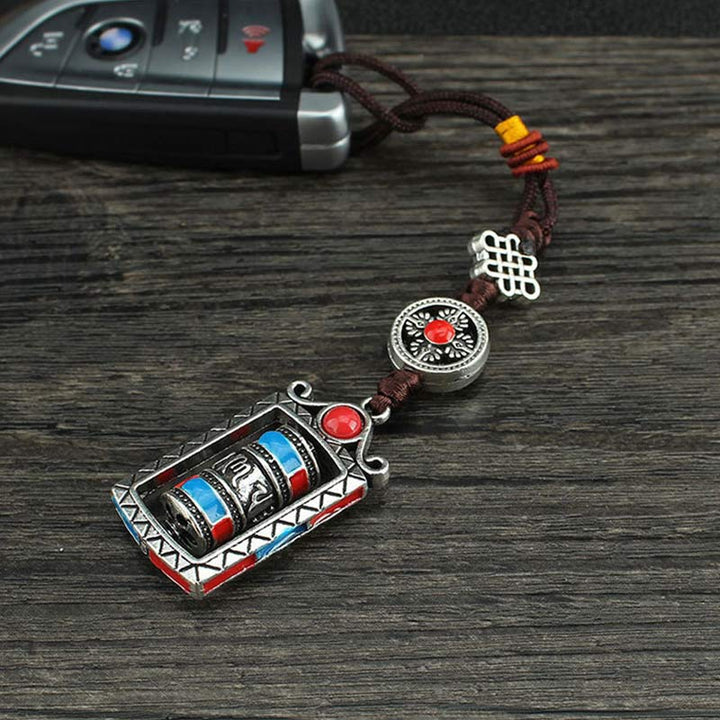 Schlüsselanhänger Om Mani Gebetsmühle Silber Rot Blau tibetisch spirituell Glücksbringer