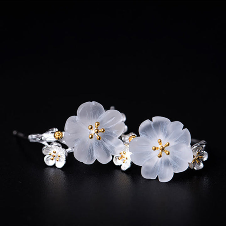 Ohrringe Silber Pflaumenblüte Kristall Blüten goldene Staubgefäße eleganter Boho Schmuck